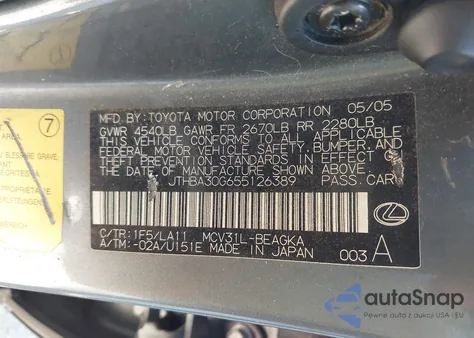 2005 Lexus Es 330 из США, поврежденный, VIN JTHBA30G655126389
